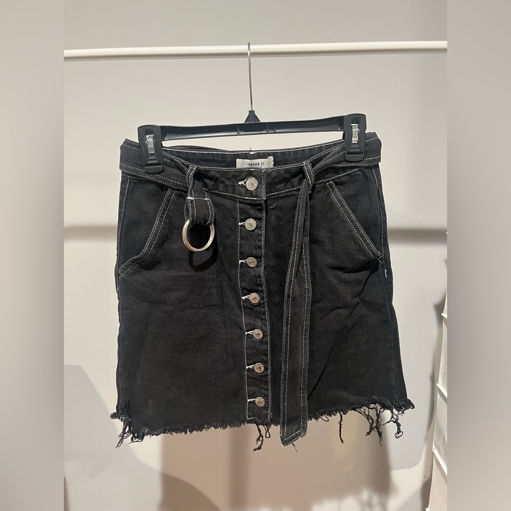 Black Button Down Denim Midi Skirt with Pockets and Belt Included